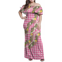 Aloha Puakenikeni Anthurium Pikake Lei Family Matching Off Shoulder Maxi Dress and Hawaiian Shirt Tropical Pink Hawaiian Palaka Pattern