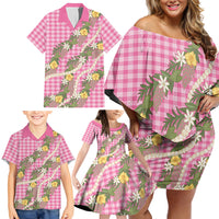 Aloha Puakenikeni Anthurium Pikake Lei Family Matching Off Shoulder Short Dress and Hawaiian Shirt Tropical Pink Hawaiian Palaka Pattern