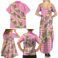 Aloha Puakenikeni Anthurium Pikake Lei Family Matching Summer Maxi Dress and Hawaiian Shirt Tropical Pink Hawaiian Palaka Pattern