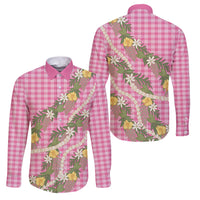 Aloha Puakenikeni Anthurium Pikake Lei Family Matching Summer Maxi Dress and Hawaiian Shirt Tropical Pink Hawaiian Palaka Pattern LT9 Dad's Shirt - Long Sleeve Pink - Polynesian Pride