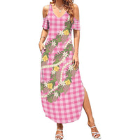 Aloha Puakenikeni Anthurium Pikake Lei Family Matching Summer Maxi Dress and Hawaiian Shirt Tropical Pink Hawaiian Palaka Pattern