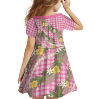 Aloha Puakenikeni Anthurium Pikake Lei Kid Short Sleeve Dress Tropical Pink Hawaiian Palaka Pattern