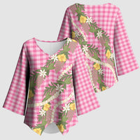 Aloha Puakenikeni Anthurium Pikake Lei Kimono Sleeve Blouse Tropical Pink Hawaiian Palaka Pattern