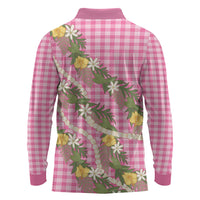 Aloha Puakenikeni Anthurium Pikake Lei Long Sleeve Polo Shirt Tropical Pink Hawaiian Palaka Pattern