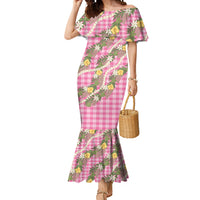 Aloha Puakenikeni Anthurium Pikake Lei Mermaid Dress Tropical Pink Hawaiian Palaka Pattern