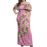 Aloha Puakenikeni Anthurium Pikake Lei Off Shoulder Maxi Dress Tropical Pink Hawaiian Palaka Pattern