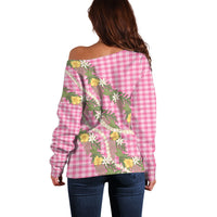 Aloha Puakenikeni Anthurium Pikake Lei Off Shoulder Sweater Tropical Pink Hawaiian Palaka Pattern