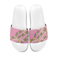 Aloha Puakenikeni Anthurium Pikake Lei Slide Sandals Tropical Pink Hawaiian Palaka Pattern