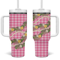 Aloha Puakenikeni Anthurium Pikake Lei Tumbler With Handle Tropical Pink Hawaiian Palaka Pattern