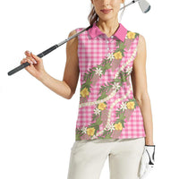 Aloha Puakenikeni Anthurium Pikake Lei Women Sleeveless Polo Shirt Tropical Pink Hawaiian Palaka Pattern