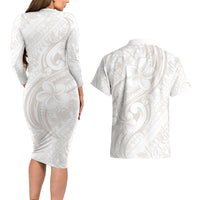 Hawaii Plumeria Lokelani Pikake Lei Couples Matching Long Sleeve Bodycon Dress and Hawaiian Shirt Sandy Beige Polynesian Tattoo