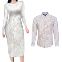 Hawaii Plumeria Lokelani Pikake Lei Couples Matching Long Sleeve Bodycon Dress and Long Sleeve Button Shirt Sandy Beige Polynesian Tattoo