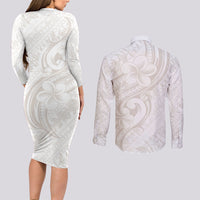 Hawaii Plumeria Lokelani Pikake Lei Couples Matching Long Sleeve Bodycon Dress and Long Sleeve Button Shirt Sandy Beige Polynesian Tattoo