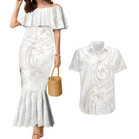 Hawaii Plumeria Lokelani Pikake Lei Couples Matching Mermaid Dress and Hawaiian Shirt Sandy Beige Polynesian Tattoo