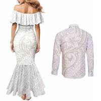 Hawaii Plumeria Lokelani Pikake Lei Couples Matching Mermaid Dress and Long Sleeve Button Shirt Sandy Beige Polynesian Tattoo