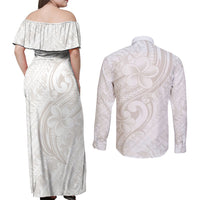 Hawaii Plumeria Lokelani Pikake Lei Couples Matching Off Shoulder Maxi Dress and Long Sleeve Button Shirt Sandy Beige Polynesian Tattoo