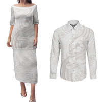 Hawaii Plumeria Lokelani Pikake Lei Couples Matching Puletasi and Long Sleeve Button Shirt Sandy Beige Polynesian Tattoo