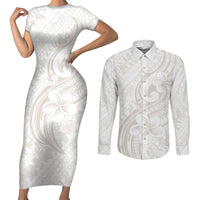Hawaii Plumeria Lokelani Pikake Lei Couples Matching Short Sleeve Bodycon Dress and Long Sleeve Button Shirt Sandy Beige Polynesian Tattoo