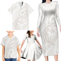 Hawaii Plumeria Lokelani Pikake Lei Family Matching Long Sleeve Bodycon Dress and Hawaiian Shirt Sandy Beige Polynesian Tattoo