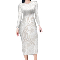 Hawaii Plumeria Lokelani Pikake Lei Family Matching Long Sleeve Bodycon Dress and Hawaiian Shirt Sandy Beige Polynesian Tattoo