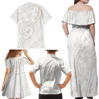 Hawaii Plumeria Lokelani Pikake Lei Family Matching Off Shoulder Maxi Dress and Hawaiian Shirt Sandy Beige Polynesian Tattoo