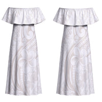 Hawaii Plumeria Lokelani Pikake Lei Family Matching Off Shoulder Maxi Dress and Hawaiian Shirt Sandy Beige Polynesian Tattoo LT9 Mom's Dress Beige - Polynesian Pride