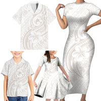 Hawaii Plumeria Lokelani Pikake Lei Family Matching Short Sleeve Bodycon Dress and Hawaiian Shirt Sandy Beige Polynesian Tattoo