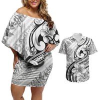 Hawaii Plumeria Lokelani Pikake Lei Couples Matching Off Shoulder Short Dress and Hawaiian Shirt Ele'ele Polynesian Tattoo LT9 Black - Polynesian Pride
