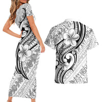 Hawaii Plumeria Lokelani Pikake Lei Couples Matching Short Sleeve Bodycon Dress and Hawaiian Shirt Ele'ele Polynesian Tattoo
