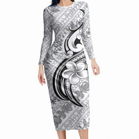 Hawaii Plumeria Lokelani Pikake Lei Long Sleeve Bodycon Dress Ele'ele Polynesian Tattoo LT9 Long Dress Black - Polynesian Pride