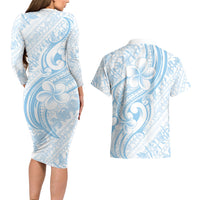 Hawaii Plumeria Lokelani Pikake Lei Couples Matching Long Sleeve Bodycon Dress and Hawaiian Shirt Uliuli Polynesian Tattoo