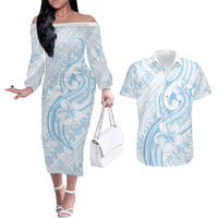 Hawaii Plumeria Lokelani Pikake Lei Couples Matching Off The Shoulder Long Sleeve Dress and Hawaiian Shirt Uliuli Polynesian Tattoo