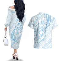 Hawaii Plumeria Lokelani Pikake Lei Couples Matching Off The Shoulder Long Sleeve Dress and Hawaiian Shirt Uliuli Polynesian Tattoo