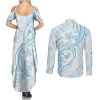 Hawaii Plumeria Lokelani Pikake Lei Couples Matching Summer Maxi Dress and Long Sleeve Button Shirt Uliuli Polynesian Tattoo