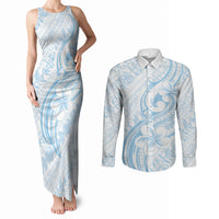 Hawaii Plumeria Lokelani Pikake Lei Couples Matching Tank Maxi Dress and Long Sleeve Button Shirt Uliuli Polynesian Tattoo LT9 Blue - Polynesian Pride