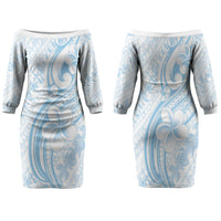 Hawaii Plumeria Lokelani Pikake Lei Family Matching Off The Shoulder Long Sleeve Dress and Hawaiian Shirt Uliuli Polynesian Tattoo LT9 Mom's Dress Blue - Polynesian Pride