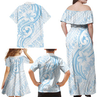 Hawaii Plumeria Lokelani Pikake Lei Family Matching Off Shoulder Maxi Dress and Hawaiian Shirt Uliuli Polynesian Tattoo