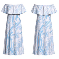 Hawaii Plumeria Lokelani Pikake Lei Family Matching Off Shoulder Maxi Dress and Hawaiian Shirt Uliuli Polynesian Tattoo LT9 Mom's Dress Blue - Polynesian Pride
