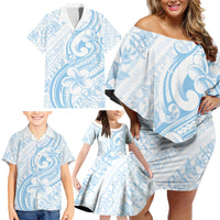 Hawaii Plumeria Lokelani Pikake Lei Family Matching Off Shoulder Short Dress and Hawaiian Shirt Uliuli Polynesian Tattoo