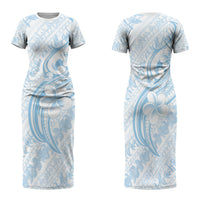 Hawaii Plumeria Lokelani Pikake Lei Family Matching Short Sleeve Bodycon Dress and Hawaiian Shirt Uliuli Polynesian Tattoo LT9 Mom's Dress Blue - Polynesian Pride