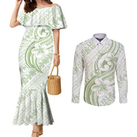 Hawaii Plumeria Lokelani Pikake Lei Couples Matching Mermaid Dress and Long Sleeve Button Shirt Oma'oma'o Polynesian Tattoo
