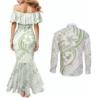 Hawaii Plumeria Lokelani Pikake Lei Couples Matching Mermaid Dress and Long Sleeve Button Shirt Oma'oma'o Polynesian Tattoo