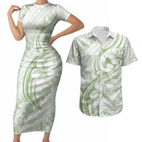 Hawaii Plumeria Lokelani Pikake Lei Couples Matching Short Sleeve Bodycon Dress and Hawaiian Shirt Oma'oma'o Polynesian Tattoo LT9 Green - Polynesian Pride