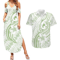 Hawaii Plumeria Lokelani Pikake Lei Couples Matching Summer Maxi Dress and Hawaiian Shirt Oma'oma'o Polynesian Tattoo