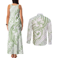 Hawaii Plumeria Lokelani Pikake Lei Couples Matching Tank Maxi Dress and Long Sleeve Button Shirt Oma'oma'o Polynesian Tattoo