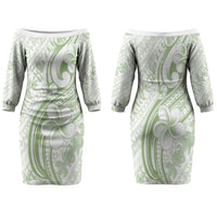Hawaii Plumeria Lokelani Pikake Lei Family Matching Off The Shoulder Long Sleeve Dress and Hawaiian Shirt Oma'oma'o Polynesian Tattoo LT9 Mom's Dress Green - Polynesian Pride