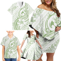 Hawaii Plumeria Lokelani Pikake Lei Family Matching Off Shoulder Short Dress and Hawaiian Shirt Oma'oma'o Polynesian Tattoo