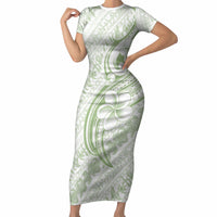 Hawaii Plumeria Lokelani Pikake Lei Short Sleeve Bodycon Dress Oma'oma'o Polynesian Tattoo LT9 Long Dress Green - Polynesian Pride