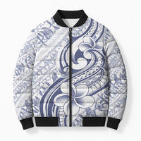 Hawaii Plumeria Lokelani Pikake Lei Bomber Puffer Jacket Navy Blue Polynesian Tattoo