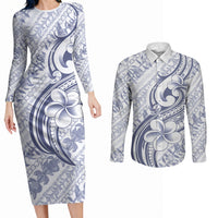 Hawaii Plumeria Lokelani Pikake Lei Couples Matching Long Sleeve Bodycon Dress and Long Sleeve Button Shirt Navy Blue Polynesian Tattoo LT9 Navy Blue - Polynesian Pride
